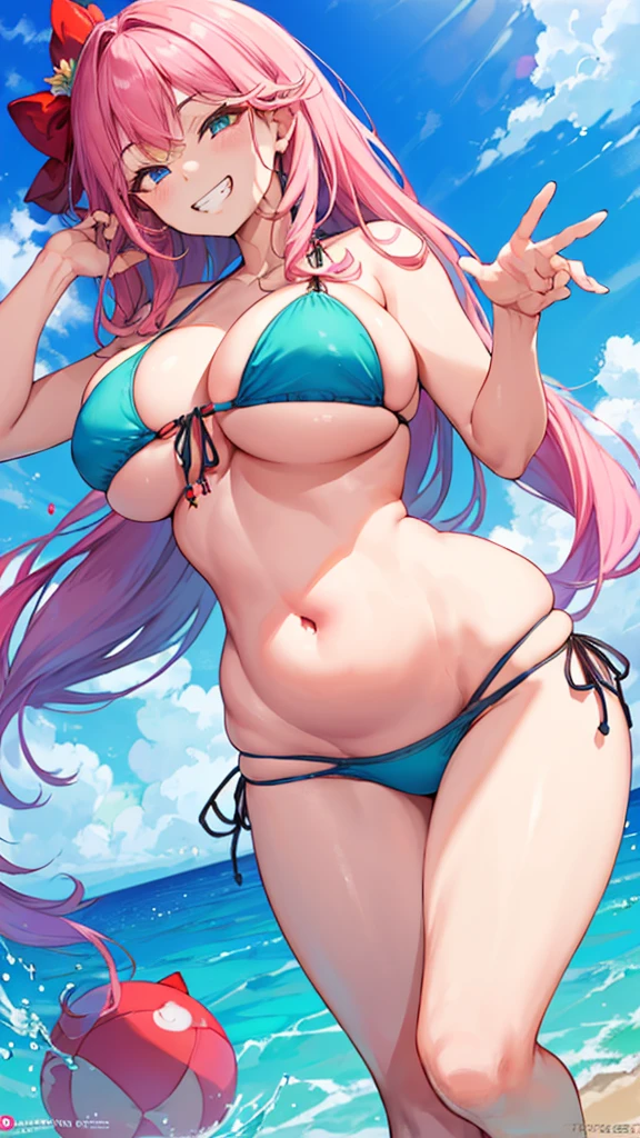 (8k、Highest quality、Highest quality、masterpiece)、Detailed face、One person、 Pink Hair、((mesugaki:1.3),Plump body,Big Breasts,Swimwear,bikini,Look down on me、Open your mouth,From below,Wicked Smile、((grin:1.3))、