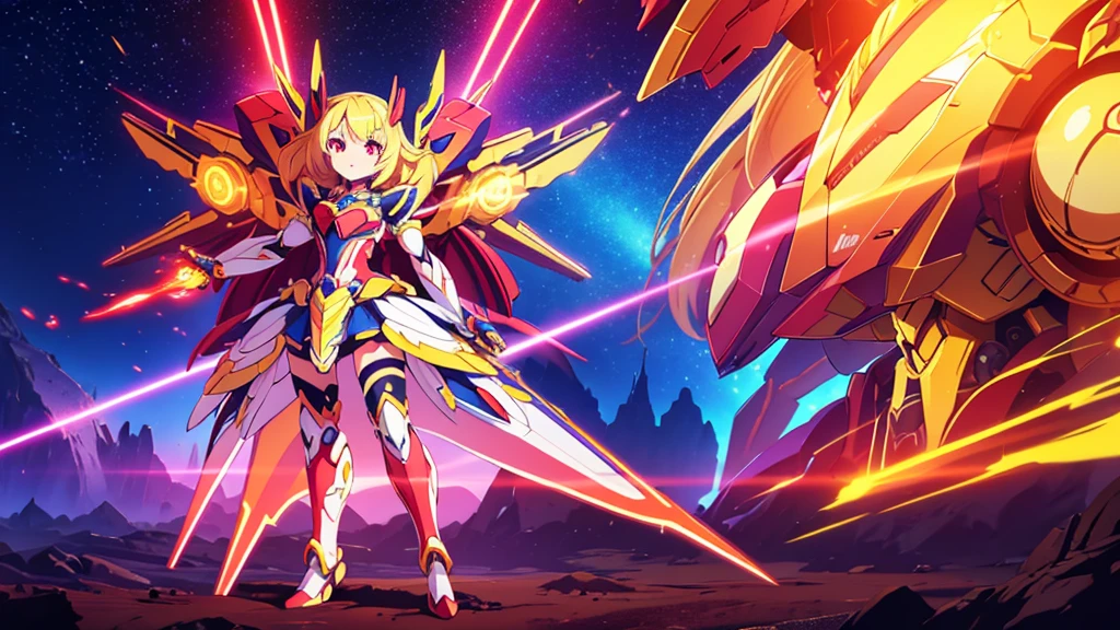 mecha magical girl, blonde hair, red eyes, mecha-themed magical girl dress, highly detailed, intricate mechanical design, glowing energy effects, dynamic pose, cinematic lighting, vibrant colors, digital painting, concept art style