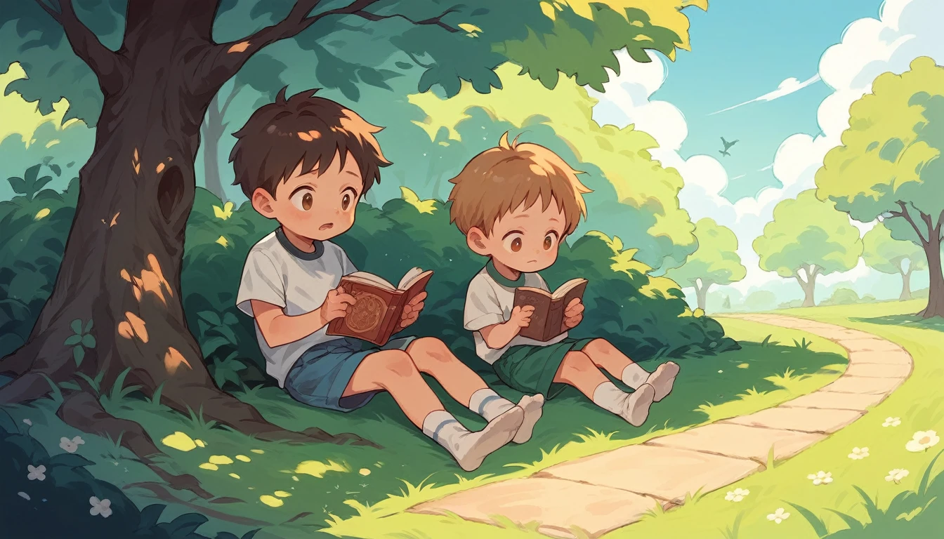 there are two children sitting on the grass reading a book, childrens art in artstation, wlop and andrei riabovitchev, wlop and sakimichan, adorable digital painting, loish and wlop, wlop and ross thran, tuomas korpi and wlop, wlop and ross tran, storybook art, fantasy book illustration