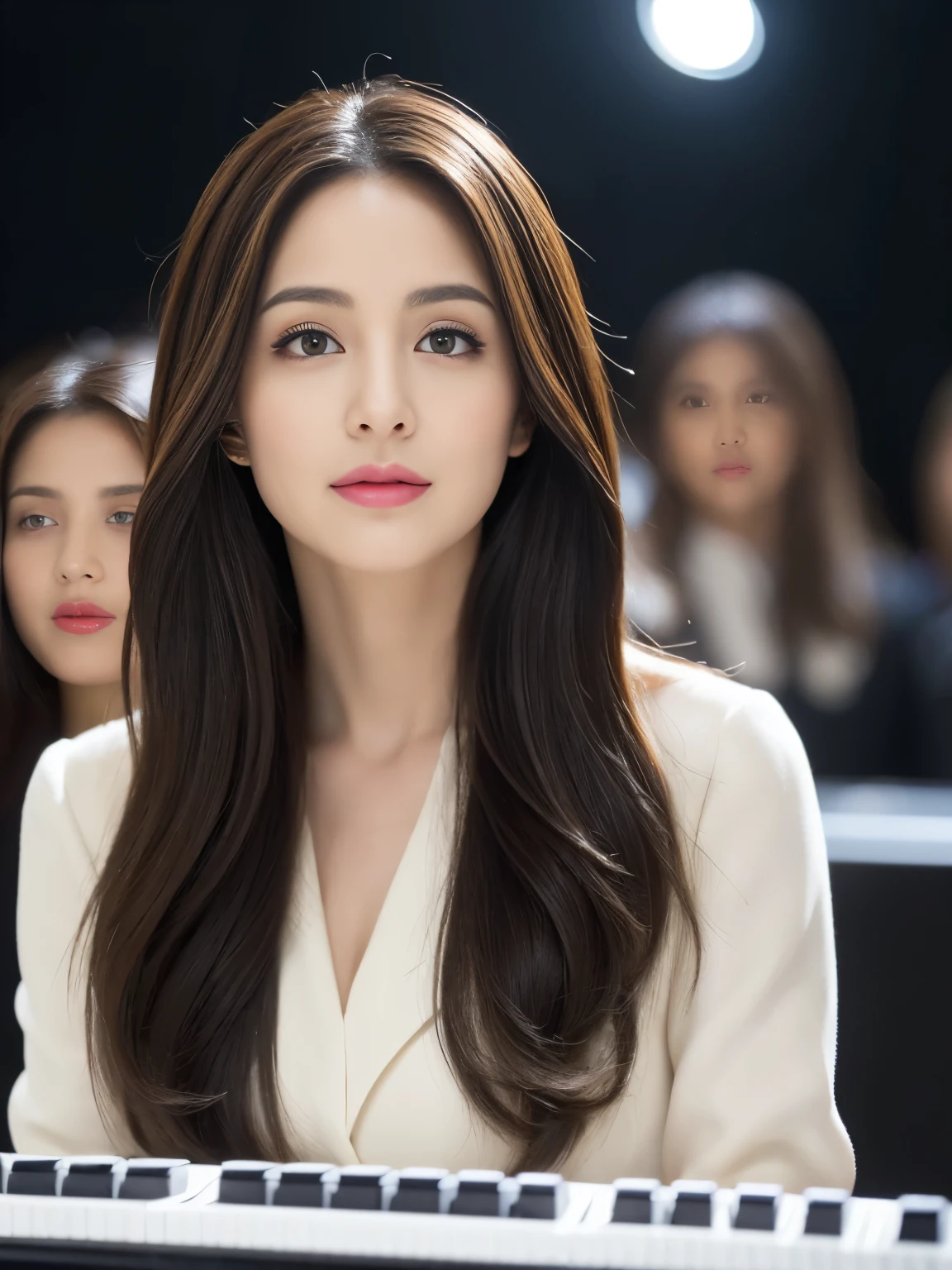 ((Angelina Sole)),((Highest quality, 8k, masterpiece : 1.3)), Sharp focus : 1.2, Beautiful woman with perfect figure : 1.4, Slim Abs : 1.2, ((Dark brown hair)), (Natural light, City Street : 1.1), Highly detailed face and skin texture, Beautiful Eyes, double eyelid、((Professional makeup:1.3))、((Sexy Mature:1.3))、Thick lips、Lip gloss、eye make up,((Arabic:1.3)),Close-up portrait, Model Body、Wearing a business suit, Sharp focus, Perfect dynamic composition, 美しくてBeautiful Eyes, Thin Hair, ((White Division:1.3))、((Play the keyboard:1.2))