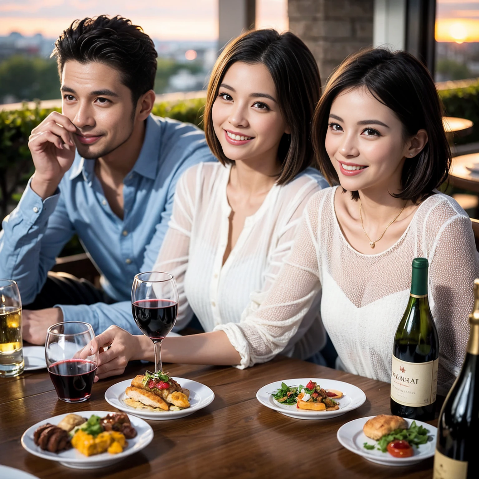 ((Highest quality、8k、masterpiece:1.3))、 (Genuineistic, Genuine、Bright image、Intricate details:1.2), 最高のsmile、1 male, 1 female、Beautiful couple、lover、Relatives and friends、A good friend、actress couple、smile、A full-course dinner with a full table、 (Slim face), (the body is slim), (Brown Hair), (short hair), テーブルのwine glass、Please shine a light on my face、 Amazing view of the sunset sky and clouds、 (33 years old)38 years old, red wine 、Appetizers、Wine bottle、sparkling wine、Long sleeve shirt、dress、White wine, red wine, wine glass,