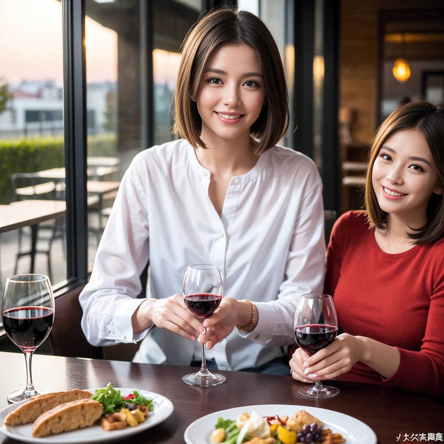 ((Highest quality、8k、masterpiece:1.3))、 (Genuineistic, Genuine、Bright image、Intricate details:1.2), 最高のsmile、1 male, 1 female、Beautiful couple、lover、Relatives and friends、A good friend、actress couple、smile、A full-course dinner with a full table、 (Slim face), (the body is slim), (Brown Hair), (short hair), テーブルのwine glass、Please shine a light on my face、 Amazing view of the sunset sky and clouds、 (33 years old)38 years old, red wine 、Appetizers、Wine bottle、sparkling wine、Long sleeve shirt、dress、White wine, red wine, wine glass,