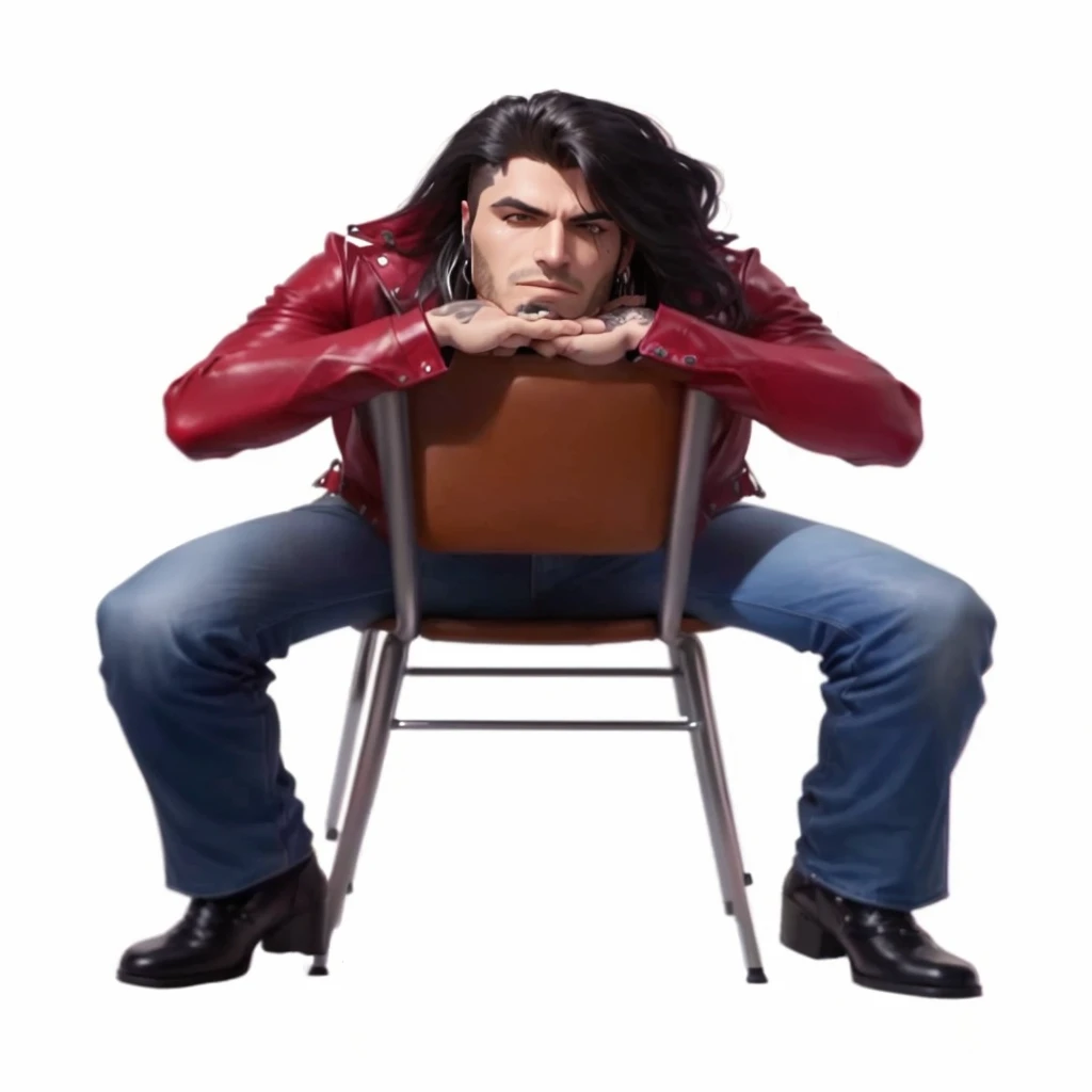 arafed A male heavy metal glam rock singer in leather clothing is sitting backwards on a chair before the camera.