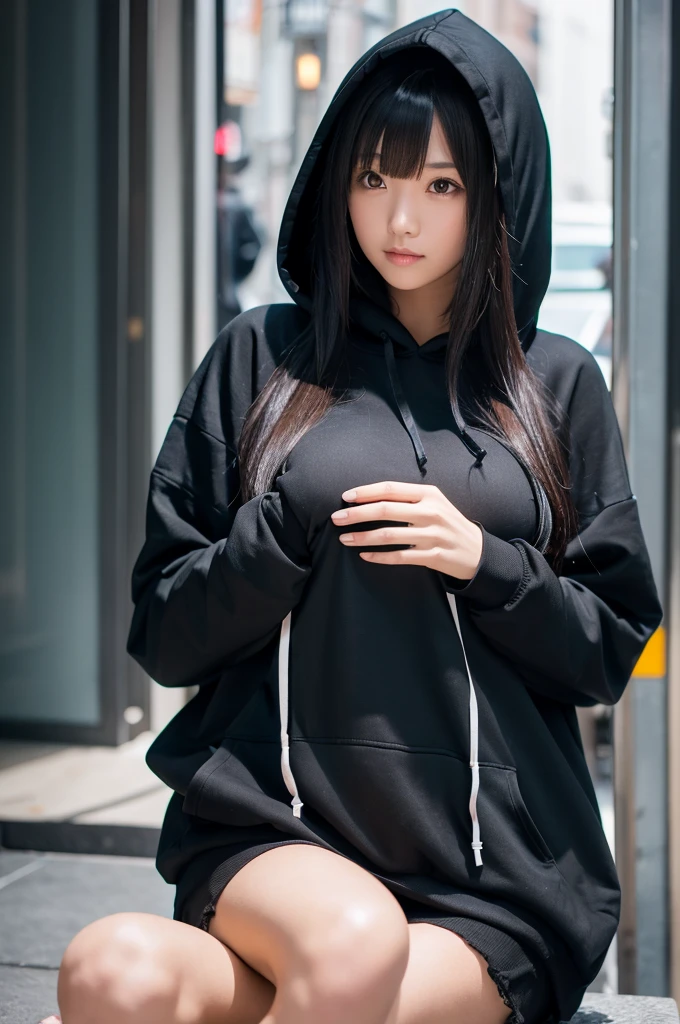 A girl with long black hair wearing a black hoodie with a hood tall Slightly larger breasts With bangs Foot thin