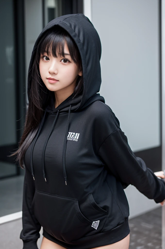 A girl with long black hair wearing a black hoodie with a hood　tall　Slightly larger breasts　With bangs　Foot thin