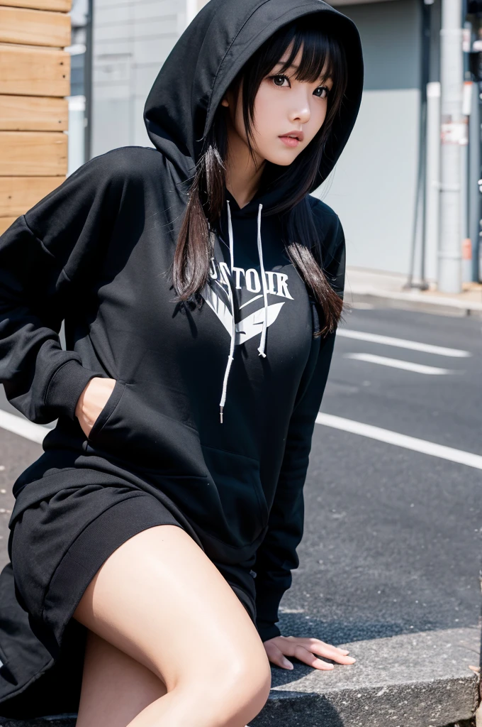 A girl with long black hair wearing a black hoodie with a hood tall Slightly larger breasts With bangs Foot thin