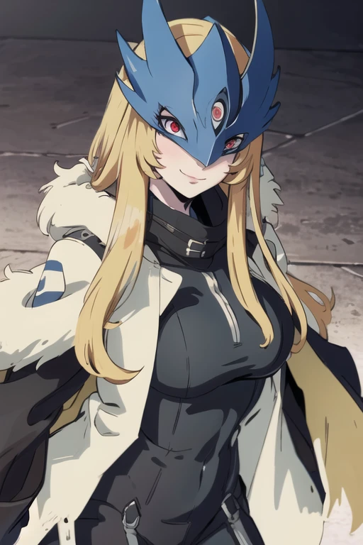 ((masterpiece,best quality)), absurdres, Beelstarmon_Digimon, 1girl, smile, solo,  blonde hair, large breasts, red eyes, sidelocks, third eye, mask,  (fur coat:1.5), cowboy shot,