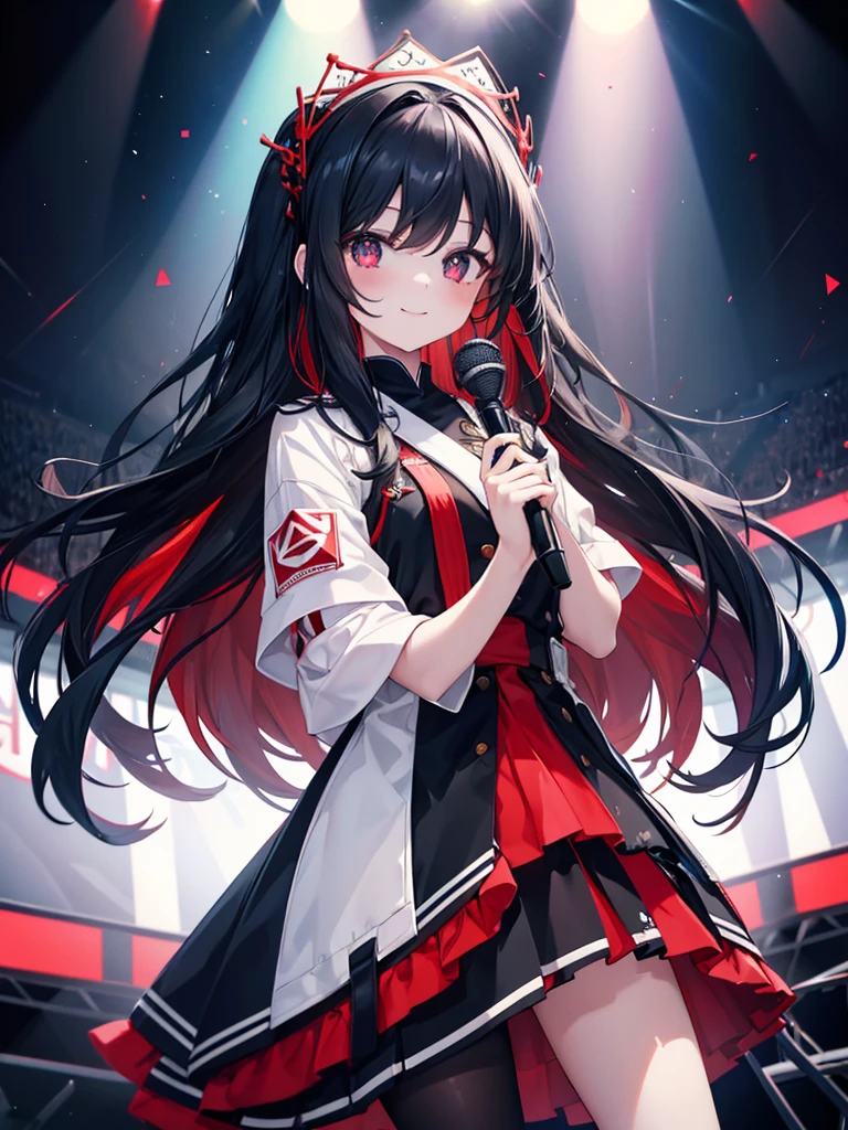 1girl, long black hair, red and blue pupils, Wearing white With black and blue idol clothes, Standing on stage facing the audience, smiling