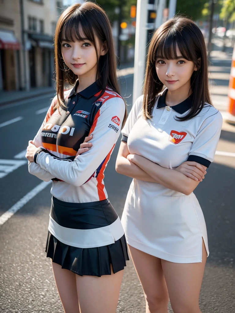 (8k, RAW Photos, Highest quality, masterpiece:1.2), (Realistic, photo-Realistic:1.4), (Highly detailed 8K wallpapers), ((Full Body Shot)), (1 girl), Sharp focus, Depth of written boundary, Cinematic lighting, Soft Light, 緻密な美しさのeye, eye_Chan, Very beautiful 17 year old girl, innocent big eyes, Realistic, photo Realistic, Highly detailed cute girl, (Thin thighs), (Model Body Type), ((( MotoGP Repsol Honda Team polo shirt))), ((Micro Mini Tight Skirt)), (((Fold your arms in front of your chest and act arrogantly))), ((A happy smile)), Parted lips, Watching the audience, (On the streets of Britain) , (Black Hair), (Long Bob Hair), (Asymmetrical bangs)