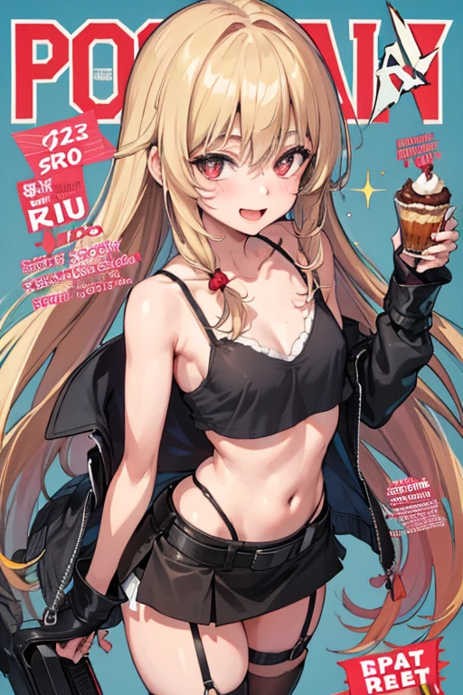 (small breasts:1.2), (perky chest:1.2), (pointed chest:1.2), (Pudding cake magazine cover:1.3),(from above:1.0),(shoot from the side:1.1),masterpiece, 1girl, Amazing Cleavage:1.1, thin waist, optimum,tmasterpiece,hight resolution,best qualtiy,hyper HD,super detailing,awardwinning,a 18yo cute girl,(The upper part of the body),anatomy correct,Beautiful Black miniskirt,garters,Gaze,Small face,bangss,holster,Beautuful Women,hands up,leg holster,Gaze,black boots,Cowboy Shot,cute face,a blond,Longhaire,Twin-tailed,Braids, Hairline,(scarlet eyes),long eyelasher,Hanging eye corners,White skin of the, ((see through camisole:1.1)), ((Sheer nipples:1.0)),Rocket Tits,(Slim body),smile,seductive weak smiling,(with sparkling eyes and a contagious smile),little open mouth, Looking at Viewer,