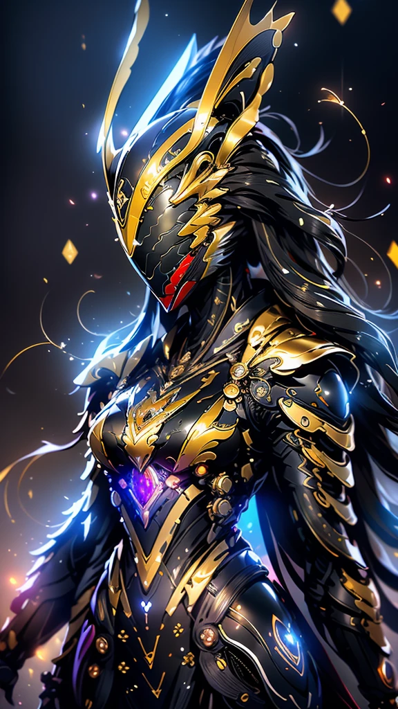 A woman adorned in fantasy-style full-body armor, a crown-concept fully enclosed helmet that unveils only her eyes, a composite layered chest plate, fully encompassing shoulder and hand guards, a lightweight waist armor, form-fitting shin guards, the overall design is heavy-duty yet flexible, (the armor gleams with a golden glow, complemented by red and blue accents), exhibiting a noble aura, she floats above a fantasy-surreal high-tech city, this character embodies a finely crafted fantasy-surreal style armored hero in anime style, exquisite and mature manga art style, (mixture of Queen bee and Spider concept Armor, plasma), ((Element, elegant, goddess, femminine:1.5)), metallic, high definition, best quality, highres, ultra-detailed, ultra-fine painting, extremely delicate, professional, anatomically correct, symmetrical face, extremely detailed eyes and face, high quality eyes, creativity, RAW photo, UHD, 32k, Natural light, cinematic lighting, masterpiece-anatomy-perfect, masterpiece:1.5