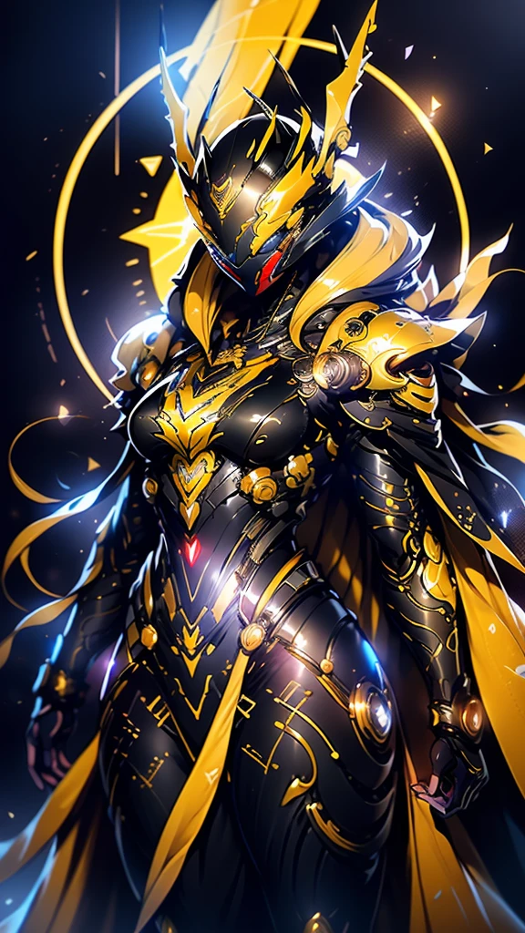 A woman adorned in fantasy-style full-body armor, a crown-concept fully enclosed helmet that unveils only her eyes, a composite layered chest plate, fully encompassing shoulder and hand guards, a lightweight waist armor, form-fitting shin guards, the overall design is heavy-duty yet flexible, (the armor gleams with a golden glow, complemented by red and blue accents), exhibiting a noble aura, she floats above a fantasy-surreal high-tech city, this character embodies a finely crafted fantasy-surreal style armored hero in anime style, exquisite and mature manga art style, (mixture of Queen bee and Spider concept Armor, plasma), ((Element, elegant, goddess, femminine:1.5)), metallic, high definition, best quality, highres, ultra-detailed, ultra-fine painting, extremely delicate, professional, anatomically correct, symmetrical face, extremely detailed eyes and face, high quality eyes, creativity, RAW photo, UHD, 32k, Natural light, cinematic lighting, masterpiece-anatomy-perfect, masterpiece:1.5