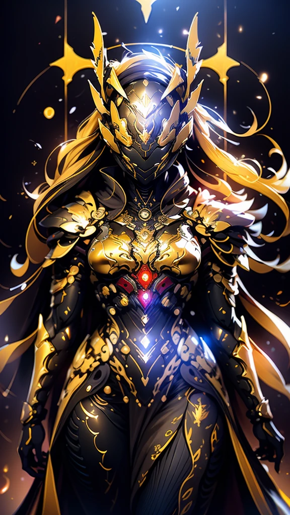 A woman adorned in fantasy-style full-body armor, a crown-concept fully enclosed helmet that unveils only her eyes, a composite layered chest plate, fully encompassing shoulder and hand guards, a lightweight waist armor, form-fitting shin guards, the overall design is heavy-duty yet flexible, (the armor gleams with a golden glow, complemented by red and blue accents), exhibiting a noble aura, she floats above a fantasy-surreal high-tech city, this character embodies a finely crafted fantasy-surreal style armored hero in anime style, exquisite and mature manga art style, (mixture of Queen bee and Spider concept Armor, plasma), ((Element, elegant, goddess, femminine:1.5)), metallic, high definition, best quality, highres, ultra-detailed, ultra-fine painting, extremely delicate, professional, anatomically correct, symmetrical face, extremely detailed eyes and face, high quality eyes, creativity, RAW photo, UHD, 32k, Natural light, cinematic lighting, masterpiece-anatomy-perfect, masterpiece:1.5