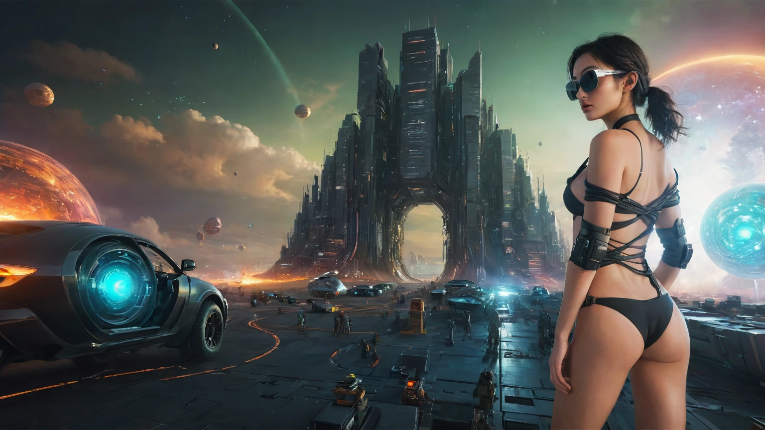 brightly colored abstract image of a space station with a spiral, epic beautiful space scifi, chaotic cinematic space rift, greg beeple, (((((flying cars, 1drone))))), planets colliding, beeple and tim hildebrandt, beeple and jean giraud, end of the universe, galaxy space sci-fi, ringworld, by Mike "Beeple" Winkelmann. Matrix style, (((((Matrix cascading code))))), (((((a futuristic twin tower skyscraper with a unique twisted design))))), (((((OLED GUI interfaces in the building))))), at night, (((((1girl, solo))))), photo realistic, (((large-breast:1.2 slim body, cleavage))), (((off broken mini sling-shirt and black sling bra, extreamly short pleated miniskirt exposing panty))), (((((running pose))))), (((((((matrix style black micro sunglasses))))))), ((((((((((aiming with a short gun)))))))))), (((((looking at camera))))), (((very low view))), (((((half-body thigh level medium shot))))), (((cinematic lighting))).