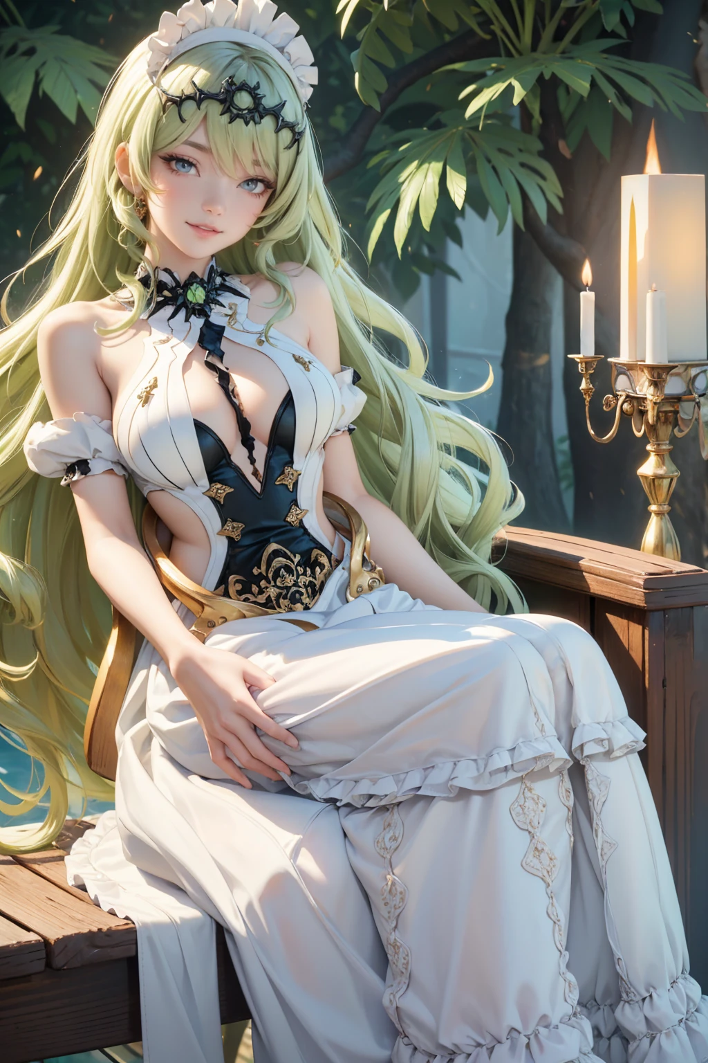 Mobius_(honkai impact 3d), white camelias, ornament hair, a snake girl, perfectly body, perfectly hands, wave hair, light green hair, long hair, maid, maid dress, maid headdress, maid apron, seat on a grass, garden scenery, gold lantern, white dress, more details on her clothes, white dress, golden details, night, smiling, coat, ((4k, masterpiece, top-quality)),8k, best quality, high resolution, HD, (illustration:0.8), super cute girl, delicate and beautiful face, 1girl, solo, mature girl, super cute hairstyle, (beautiful detailed eyes:1.6), extremely detailed face, perfect lighting, extremely detailed CG, (perfect hands, perfect anatomy), super complex details, intricate details, Best quality, cleavage, skirt, full Body, perfect body ,sitting, armpit
