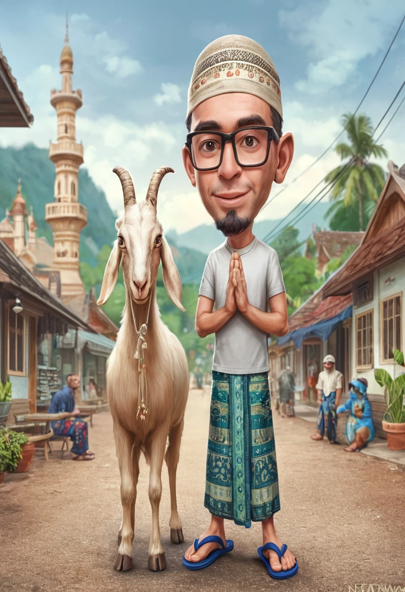 Realistic caricature with a big head, an Indonesian man wearing glasses wearing a sarong, skullcap, flip-flops, clean face standing [namaste hands] side by side with a male Etawa goat, the location of a cool village, visible is a village mosque.
