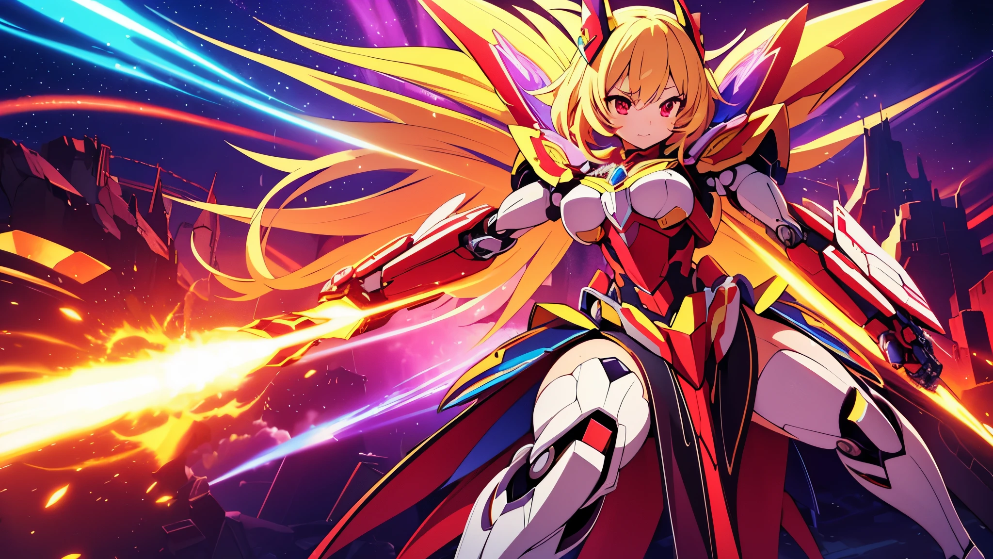 mecha magical girl, blonde hair, red eyes, mecha-themed magical girl dress, highly detailed, intricate mechanical design, glowing energy effects, dynamic pose, cinematic lighting, vibrant colors, digital painting, concept art style