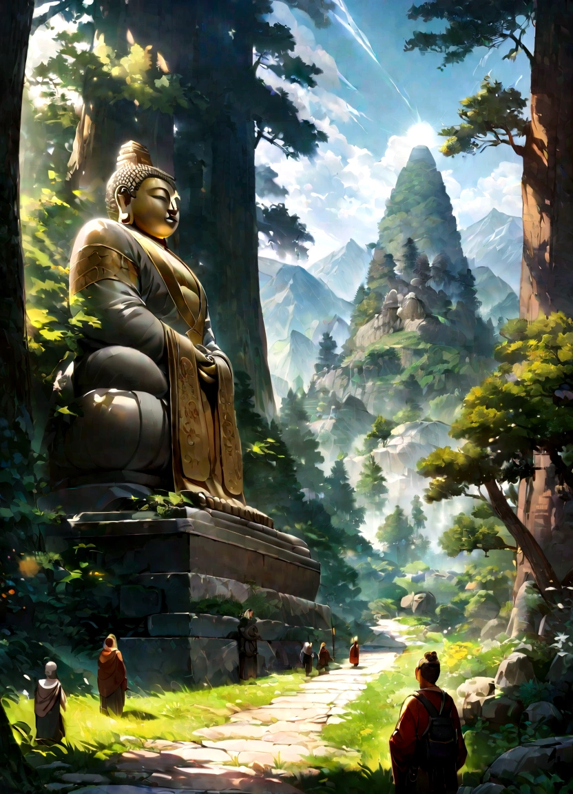 Tall seated Buddha statue in the distance, The sun shines on the mountains, Towering trees, Pilgrims walk the road. The composition is beautiful, With masterpieces, Details, and high definition