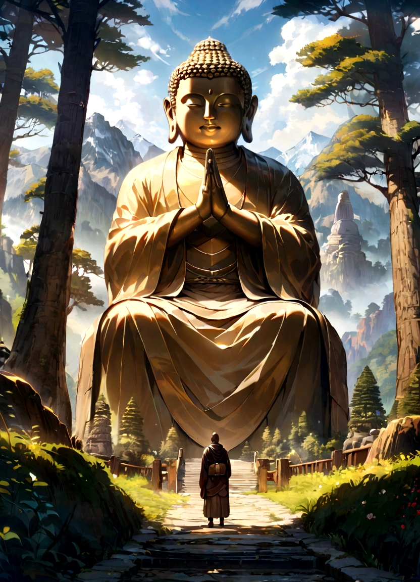 Tall seated Buddha statue in the distance, The sun shines on the mountains, Towering trees, Pilgrims walk the road. The composition is beautiful, With masterpieces, Details, and high definition