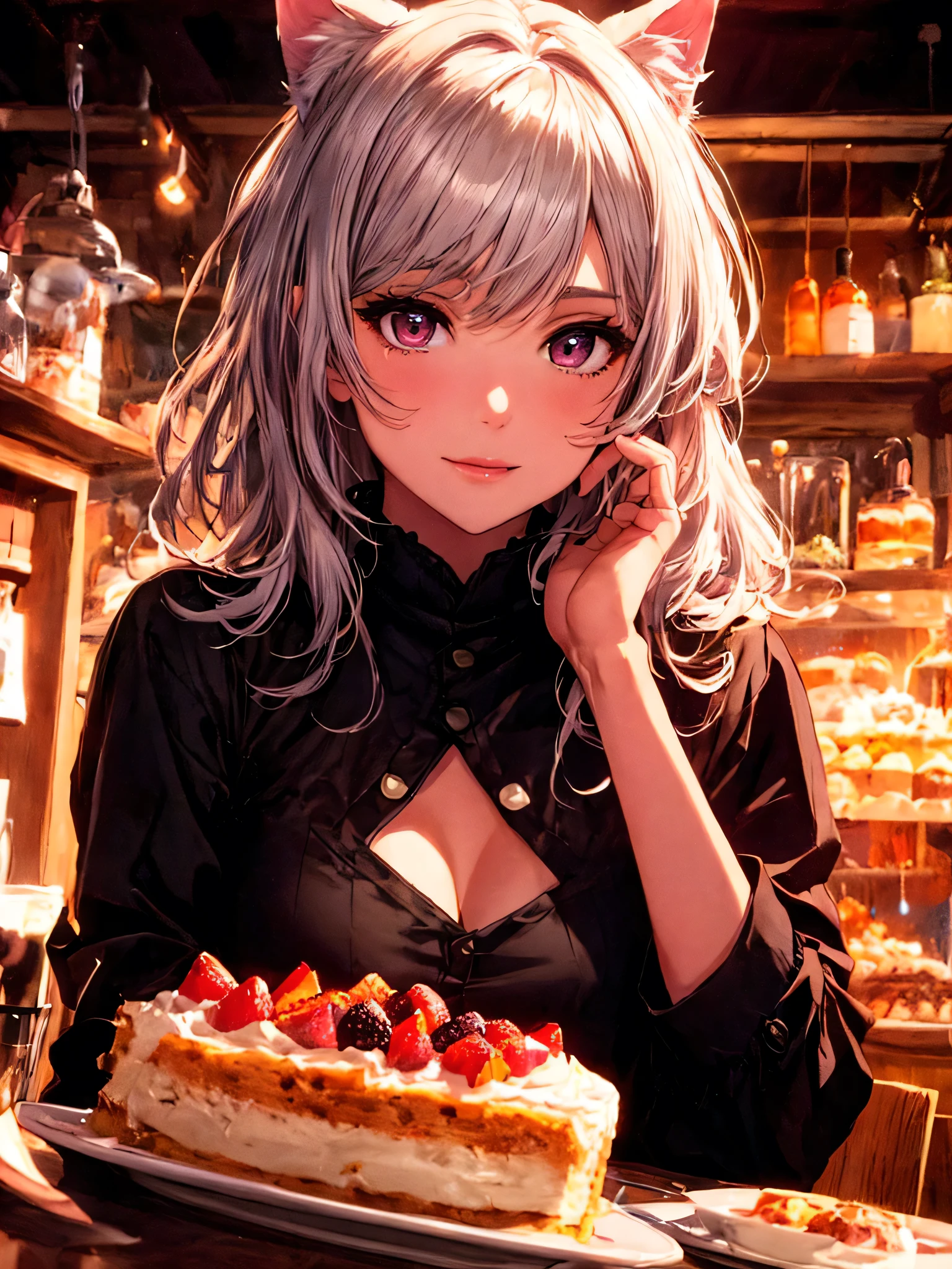 1girl, beautiful detailed eyes, beautiful detailed lips, extremely detailed face, longlashes, medium breasts, cute smile, cat ears, silver hair, pink hair, pink eyes, shiny skin, beautiful shadow, close-up, cafe, cake, (best quality, 4k, 8k, highres, masterpiece:1.2), ultra-detailed, (realistic, photorealistic, photo-realistic:1.37), HDR, UHD, studio lighting, ultra-fine painting, sharp focus, physically-based rendering, extreme detail description, professional, vivid colors, bokeh, portraits, digital painting