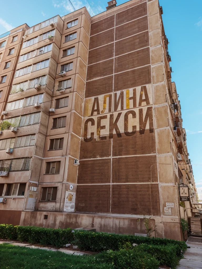 The inscription is printed on a residential building, realistic colors