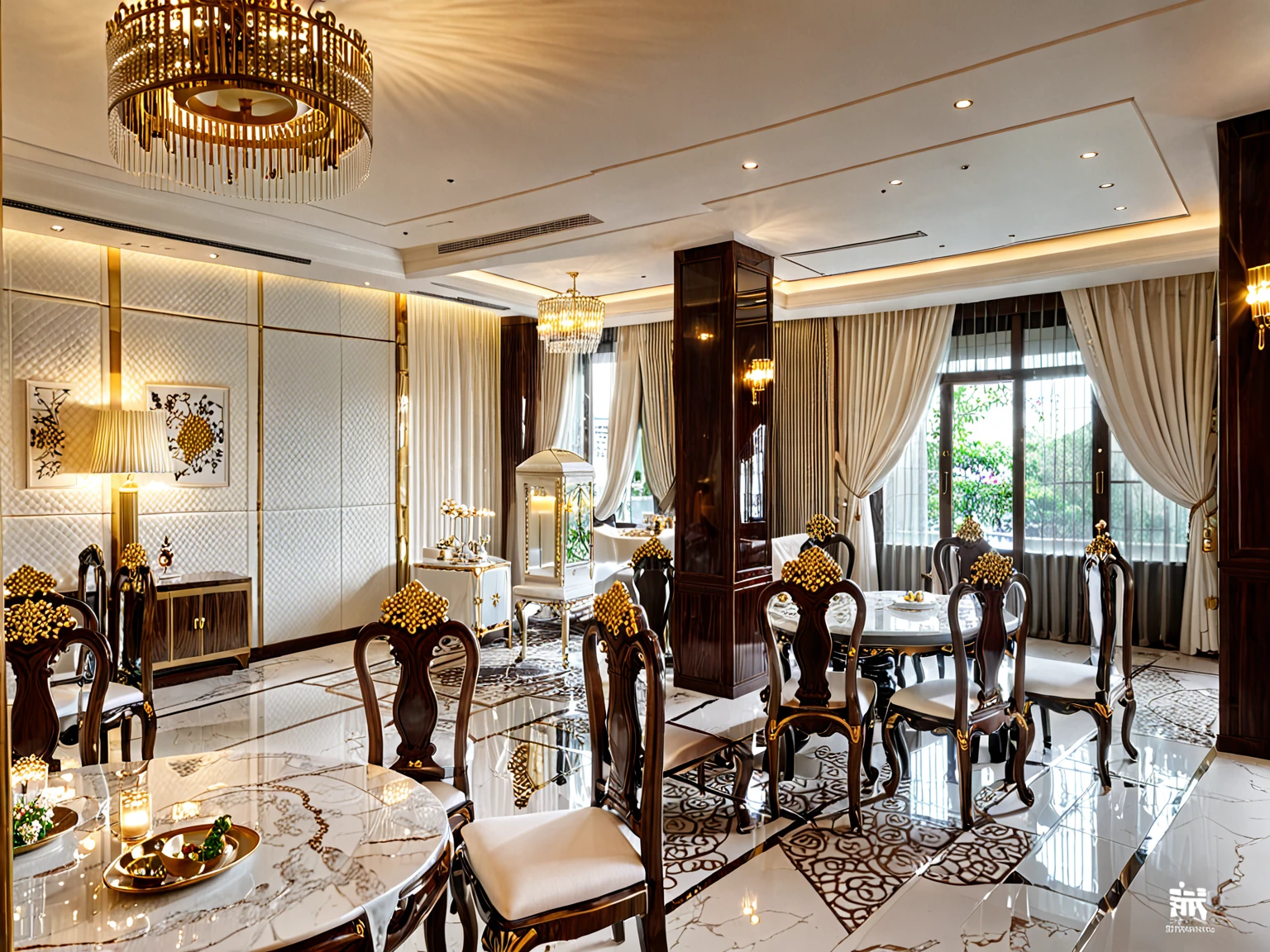 ,Masterpiece, Best quality,8K, Ultra-high resolution,When you step into the dinning room of restaurant room,Immediately surrounded by a rich atmosphere of luxury. The space was covered with a soft white fluffy blanket,It is so comfortable,So much so that you can't help but indulge in it。Embellished with precious porcelain and white-off gold ornaments。Whenever it is late afternoon,The afterglow from the window spilled on the floor,Soft light and shadow are reflected,It was as if entering a dreamland. ((Wooden chair and table : 1.3)), MIRROR COVER THE COLUMN