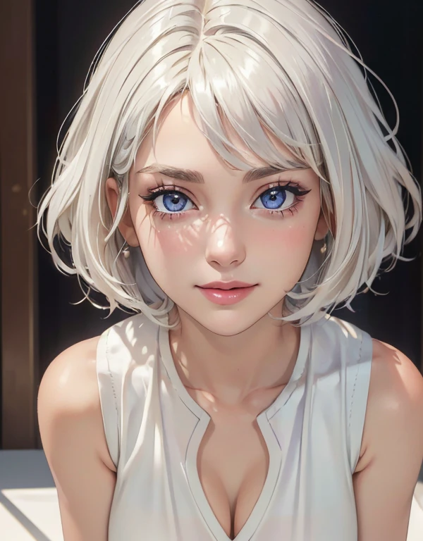 ((((Tabletop, Highest Quality, Ultra High Resolution)))), Extremely Detailed 8K Wallpaper, Stunning Girl with Slim Physique, (Ultra HD, Super Detailed, Extraordinarily Realistic, Ultra-Realistic, Photorealistic), (One Girl: 1.5), (Realistic White Hair in Bobcut style), Short Wavy Hair with a Shimmer, Dynamic Pose, Light Smile radiating warmth, Purple Eyes that shimmer under the sunlight, (Large Breasts: 1.2), (Beautifully Detailed Face with remarkable Attention to Details), (White Vest made of Thin Material,