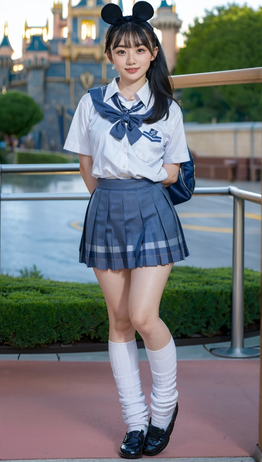 (photorealistic:1.4), (fullbody shot), (short stature),best quality, masterpiece, raw 32k photo, (extremely detailed japanese beautiful girl), (extremely detailed eyes:1.2),(baby face), (cute face:1.2), ultra-detailed, ultra high res, amazing, BREAK,standing,
(school uniform:1.5),detailed school girl, (disneyland:1.4), beautiful detailed girl, bangs, cute face, miniskirt,(baggysocks)