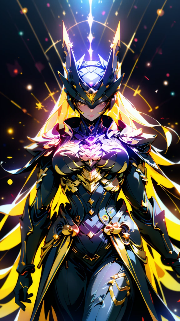 A woman adorned in fantasy-style full-body armor, a crown-concept fully enclosed helmet that unveils only her eyes, a composite layered chest plate, fully encompassing shoulder and hand guards, a lightweight waist armor, form-fitting shin guards, the overall design is heavy-duty yet flexible, (the armor gleams with a golden glow, complemented by red and blue accents), exhibiting a noble aura, she floats above a fantasy-surreal high-tech city, this character embodies a finely crafted fantasy-surreal style armored hero in anime style, exquisite and mature manga art style, (mixture of Queen bee and Spider concept Armor, plasma), ((Element, elegant, goddess, femminine:1.5)), metallic, high definition, best quality, highres, ultra-detailed, ultra-fine painting, extremely delicate, professional, anatomically correct, symmetrical face, extremely detailed eyes and face, high quality eyes, creativity, RAW photo, UHD, 32k, Natural light, cinematic lighting, masterpiece-anatomy-perfect, masterpiece:1.5