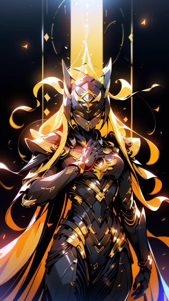 A woman adorned in fantasy-style full-body armor, a crown-concept fully enclosed helmet that unveils only her eyes, a composite layered chest plate, fully encompassing shoulder and hand guards, a lightweight waist armor, form-fitting shin guards, the overall design is heavy-duty yet flexible, (the armor gleams with a golden glow, complemented by red and blue accents), exhibiting a noble aura, she floats above a fantasy-surreal high-tech city, this character embodies a finely crafted fantasy-surreal style armored hero in anime style, exquisite and mature manga art style, (mixture of Queen bee and Spider concept Armor, plasma), ((Element, elegant, goddess, femminine:1.5)), metallic, high definition, best quality, highres, ultra-detailed, ultra-fine painting, extremely delicate, professional, anatomically correct, symmetrical face, extremely detailed eyes and face, high quality eyes, creativity, RAW photo, UHD, 32k, Natural light, cinematic lighting, masterpiece-anatomy-perfect, masterpiece:1.5