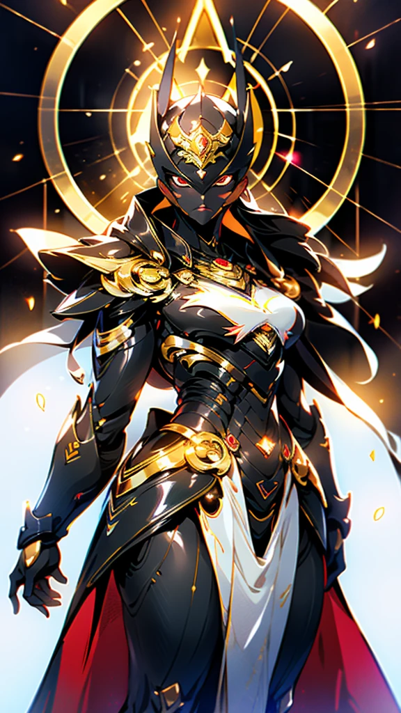 A woman adorned in fantasy-style full-body armor, a crown-concept fully enclosed helmet that unveils only her eyes, a composite layered chest plate, fully encompassing shoulder and hand guards, a lightweight waist armor, form-fitting shin guards, the overall design is heavy-duty yet flexible, (the armor gleams with a golden glow, complemented by red and blue accents), exhibiting a noble aura, she floats above a fantasy-surreal high-tech city, this character embodies a finely crafted fantasy-surreal style armored hero in anime style, exquisite and mature manga art style, (mixture of Queen bee and Spider concept Armor, plasma), ((Element, elegant, goddess, femminine:1.5)), metallic, high definition, best quality, highres, ultra-detailed, ultra-fine painting, extremely delicate, professional, anatomically correct, symmetrical face, extremely detailed eyes and face, high quality eyes, creativity, RAW photo, UHD, 32k, Natural light, cinematic lighting, masterpiece-anatomy-perfect, masterpiece:1.5