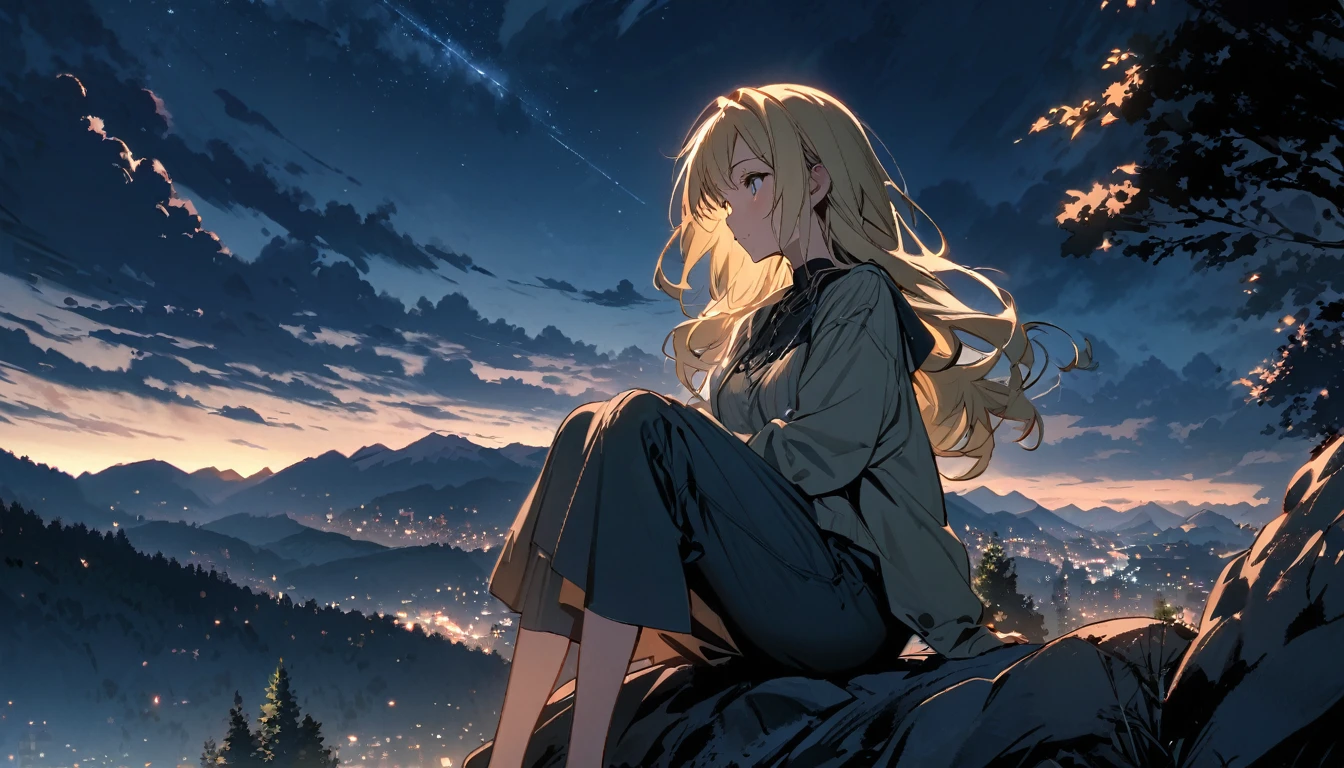 sky, 1girl close view, night sky, solo, outdoors, building, cloud, sitting on a rock , tree, long blond hair, sitting on a rock in the mountains with a beautiful view, ,Also have some clouds

