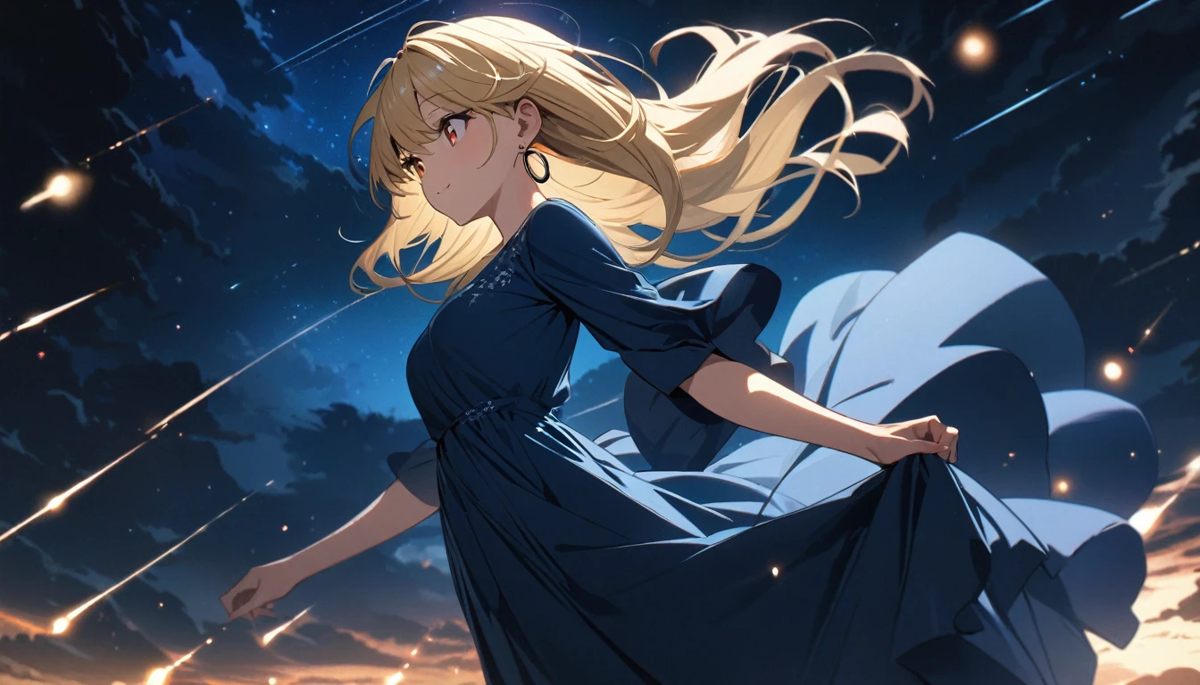 Masterpiece, 22 years old, Top Quality, High Resolution, Super Dimensional Face, Cute Eyes, Very Beautiful Girl in Long Blue Dress Anime Character, One Beautiful Girl, Long Dress, Solo, Blue Dress, (Bob-cut Hair:1.1), Amber Eyes, Gazing, Blonde Hair, ((Hair Fluttering in Wind)), , Medium Chest, Hoop Earrings, Fluttering hair, Night sky, Meteor shower, Fantastic, Light smile, Dynamic, Fantasy,