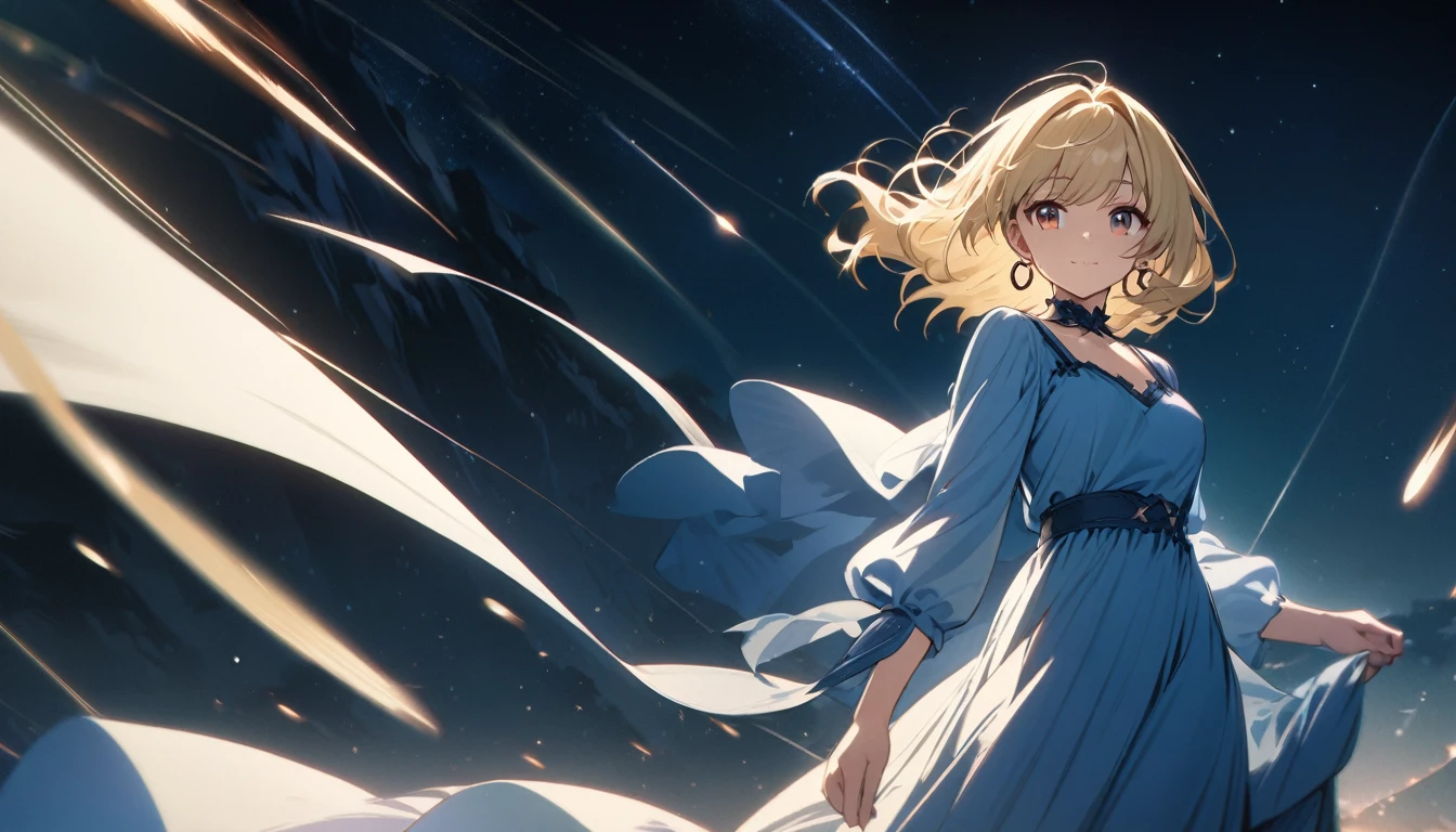 Masterpiece, 22 years old, Top Quality, High Resolution, Super Dimensional Face, Cute Eyes, Very Beautiful Girl in Long Blue Dress Anime Character, One Beautiful Girl, Long Dress, Solo, Blue Dress, (Bob-cut Hair:1.1), Amber Eyes, Gazing, Blonde Hair, ((Hair Fluttering in Wind)), , Medium Chest, Hoop Earrings, Fluttering hair, Night sky, Meteor shower, Fantastic,  Light smile, Dynamic, Fantasy, 
