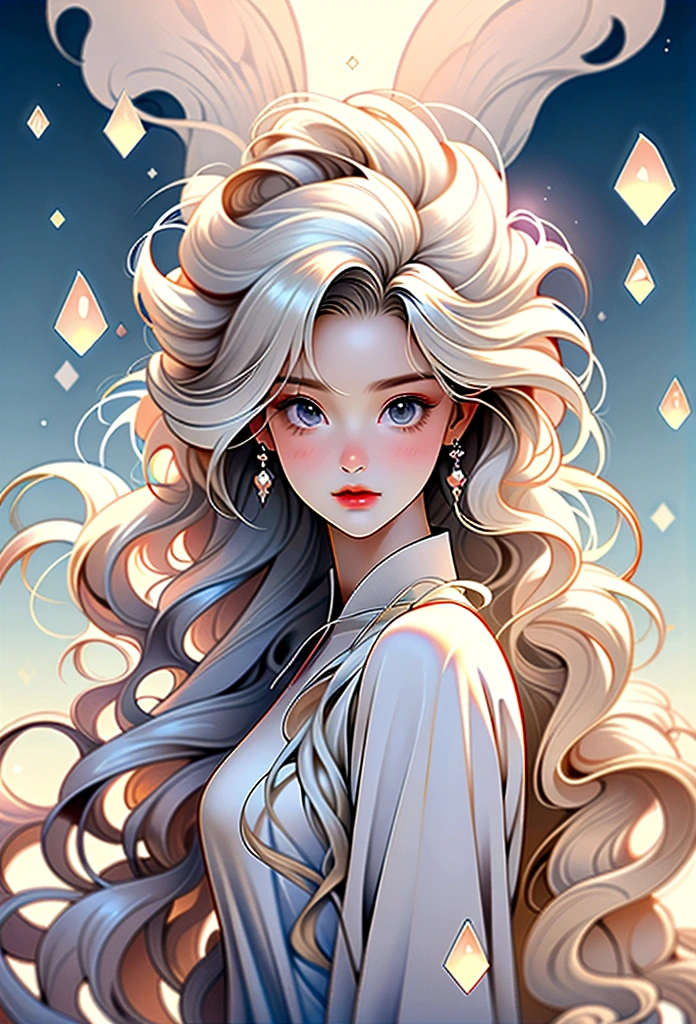 a close up of a woman has long white hair and a tiable, digital art inspired by WLOP, cg Social Hotspot, Fantasy Art, detailed White long hair, Flowing white hair, has long white hair, long Flowing white hair, White cloud hair, White hair floating in the air, with White long hair, White long hair, White hair girl