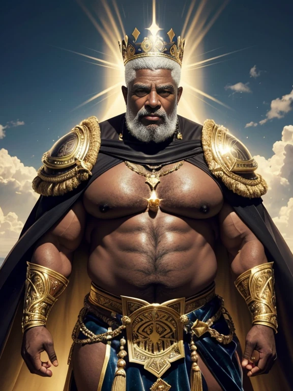 Hyperrealistic image of an old man over 79 years old African American superhero holy king imperial gray haired warrior with a huge crown of gold and gems and a halo of light with rays on his head super heavy and very fat very handsome bodybuilder with huge flabby pecs and very large and pointed nipples very sweaty in a sky of very white clouds wearing only a leather and gold Roman skirt and a velvet cape over the shoulders with an ermine collar