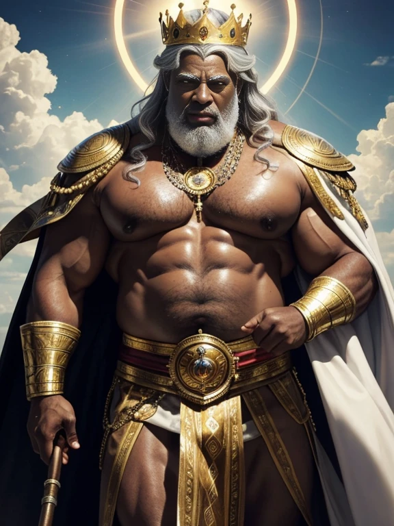 Hyperrealistic image of an old man over 79 years old African American superhero holy king imperial gray haired warrior with a huge crown of gold and gems and a halo of light with rays on his head super heavy and very fat very handsome bodybuilder with huge flabby pecs and very large and pointed nipples very sweaty in a sky of very white clouds wearing only a leather and gold Roman skirt and a velvet cape over the shoulders with an ermine collar