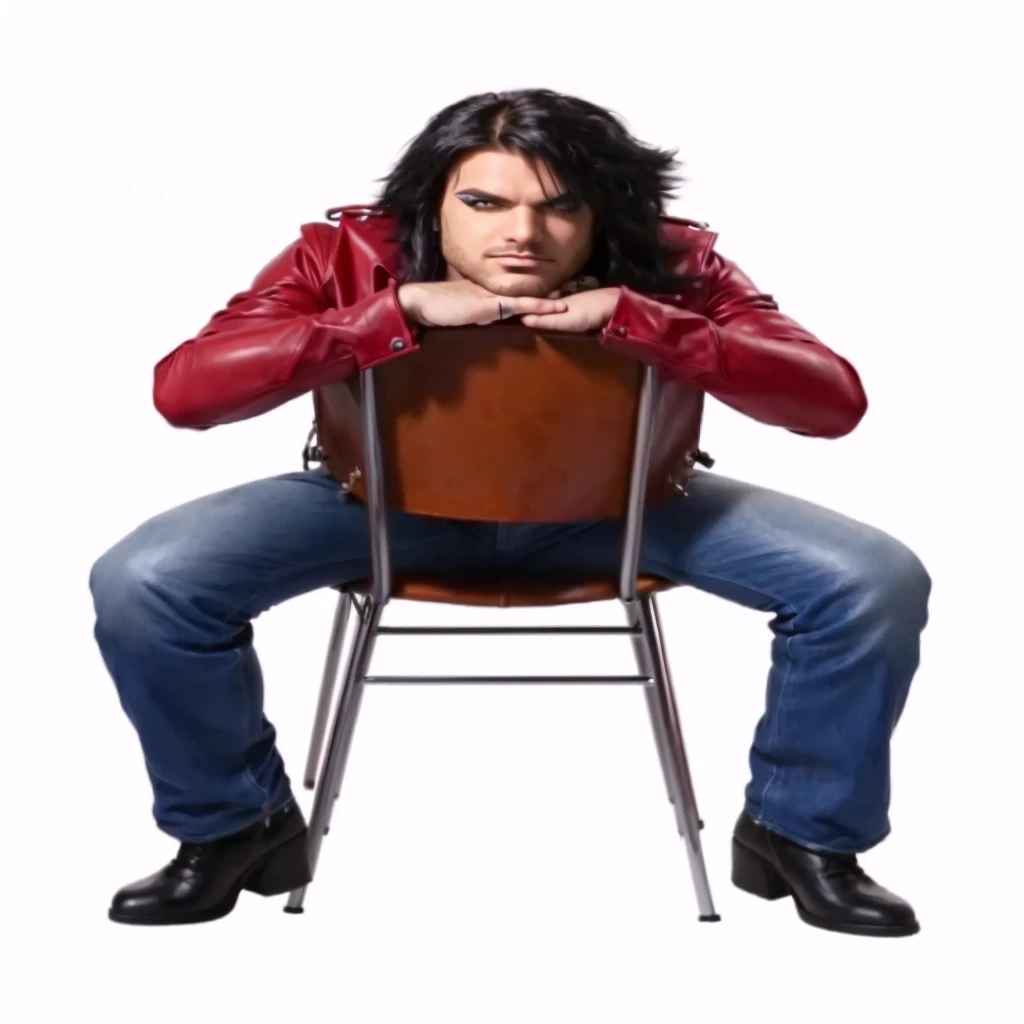 arafed A male heavy metal glam rock singer in leather clothing is sitting backwards on a chair before the camera.