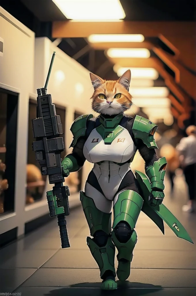 A 21 year old、Strong build、Wearing《Doom》Green Doom Marine armor、Full breasts、Strong female orange cat holding a giant futuristic rifle,walking down hallway of futuristic space station