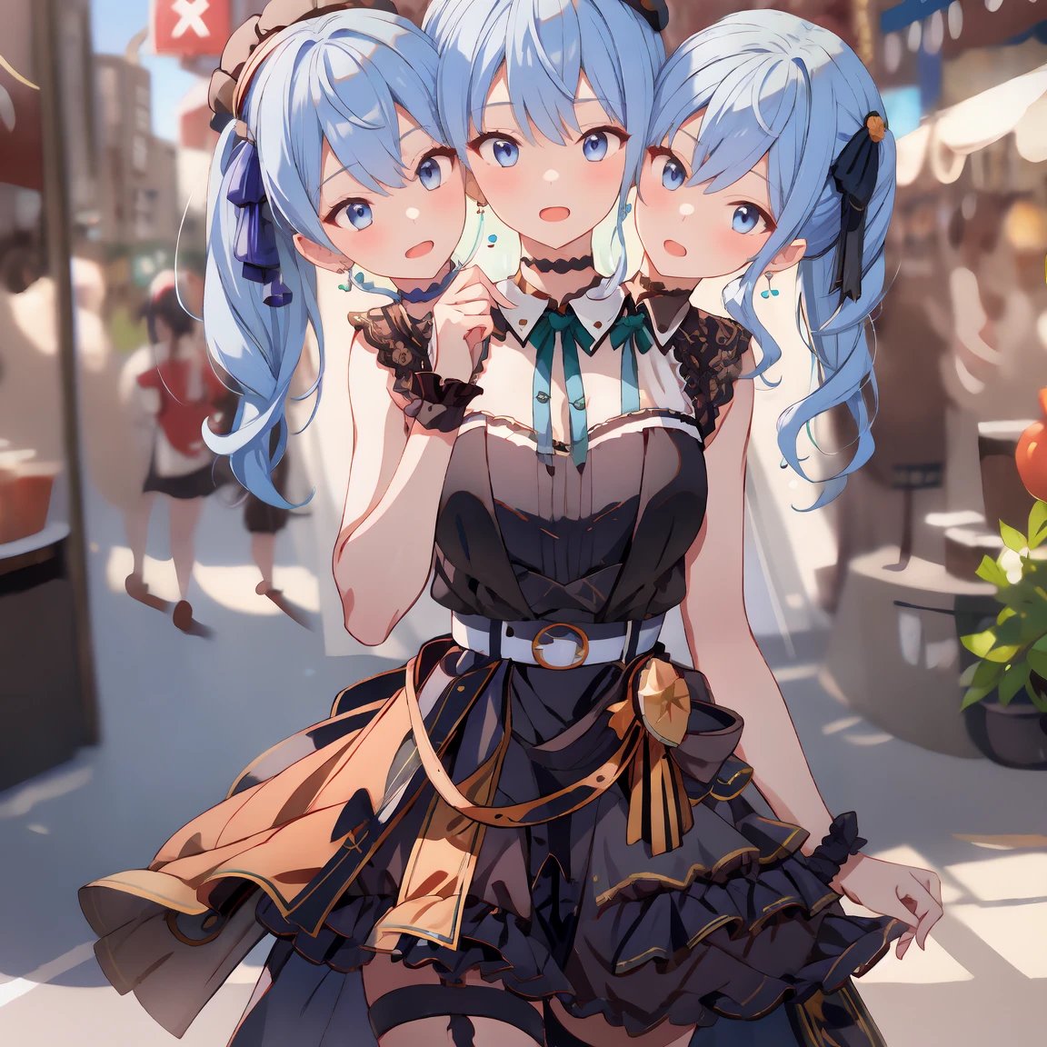 (masterpiece, best quality), best resolution, 16k, close-up, (3heads:1.5), (cheek-to-cheek), 1girl, solo, BREAK, HoshimachiSuisei, side ponytail, blue hair ribbon, SuiseiStreet, long hair, half updo, black beret, black dress, collared dress, sleeveless, bow earrings, lace choker, neck ribbon, black belt, orange pantyhose, o-ring thigh strap, single garter strap, BREAK, ((hand holding a wallet)), walking, BREAK, ((eyes up looking sideways:1.3)), BREAK, surprised, frustrating, open mouth, BREAK, city, Shopping Street, street vendor, morning