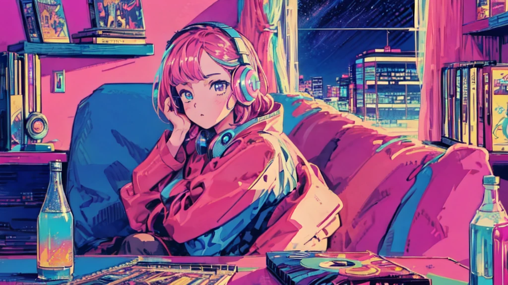 Highest quality, 4k wallpaper, masterpiece, Highly detailed CG Unity 8k wallpaper, Very fine grain, Super detailed, Intricate details, Retro art style, ((Synthwave art style)), (Girl sitting on sofa,In a cozy room,Records hanging on her wall, Comic books on the floor, Looking out the window behind her at the night city, Upholstered room, Anime figures lined up on a shelf,Wearing headphones)