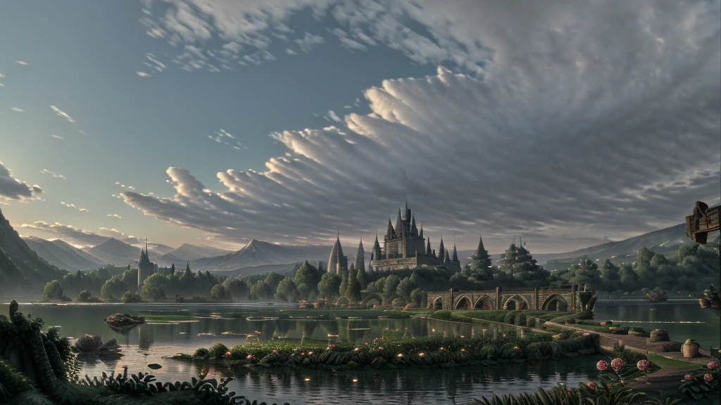 In the morning light, there is a castle by the lake. The rose garden is full of roses,surrounded by clouds and mist, It is romantic and dreamy ,super large scene,Thomas Kincaid,ultra wide Angle,high-definition picture,detailed,rendered in artstation Blurred edges