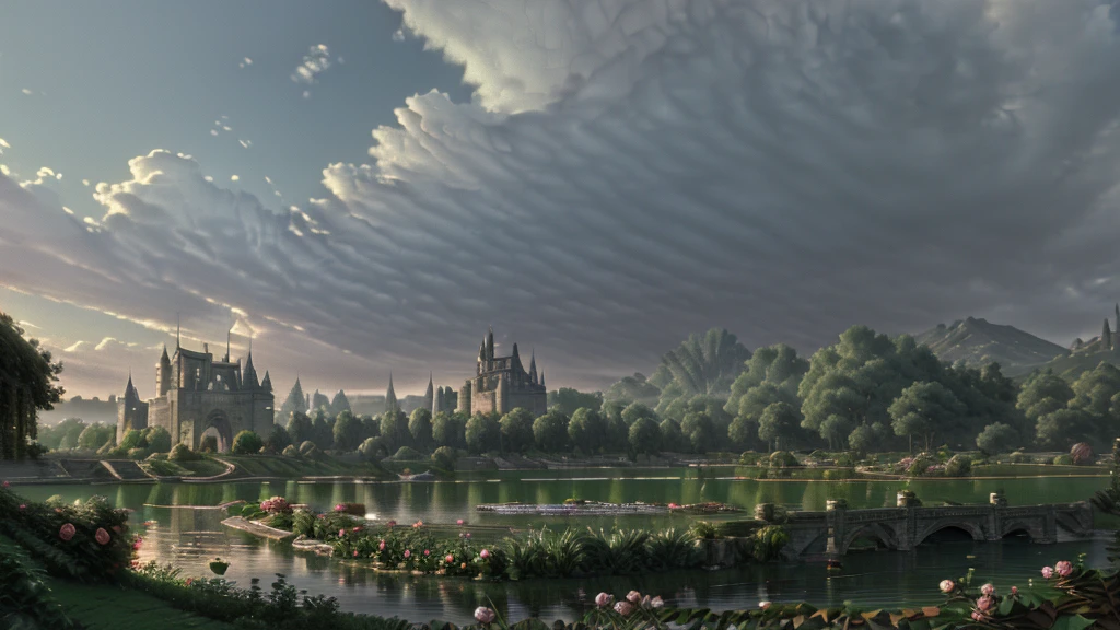 In the morning light, there is a castle by the lake. The rose garden is full of roses,surrounded by clouds and mist, It is romantic and dreamy ,super large scene,Thomas Kincaid,ultra wide Angle,high-definition picture,detailed,rendered in artstation Blurred edges