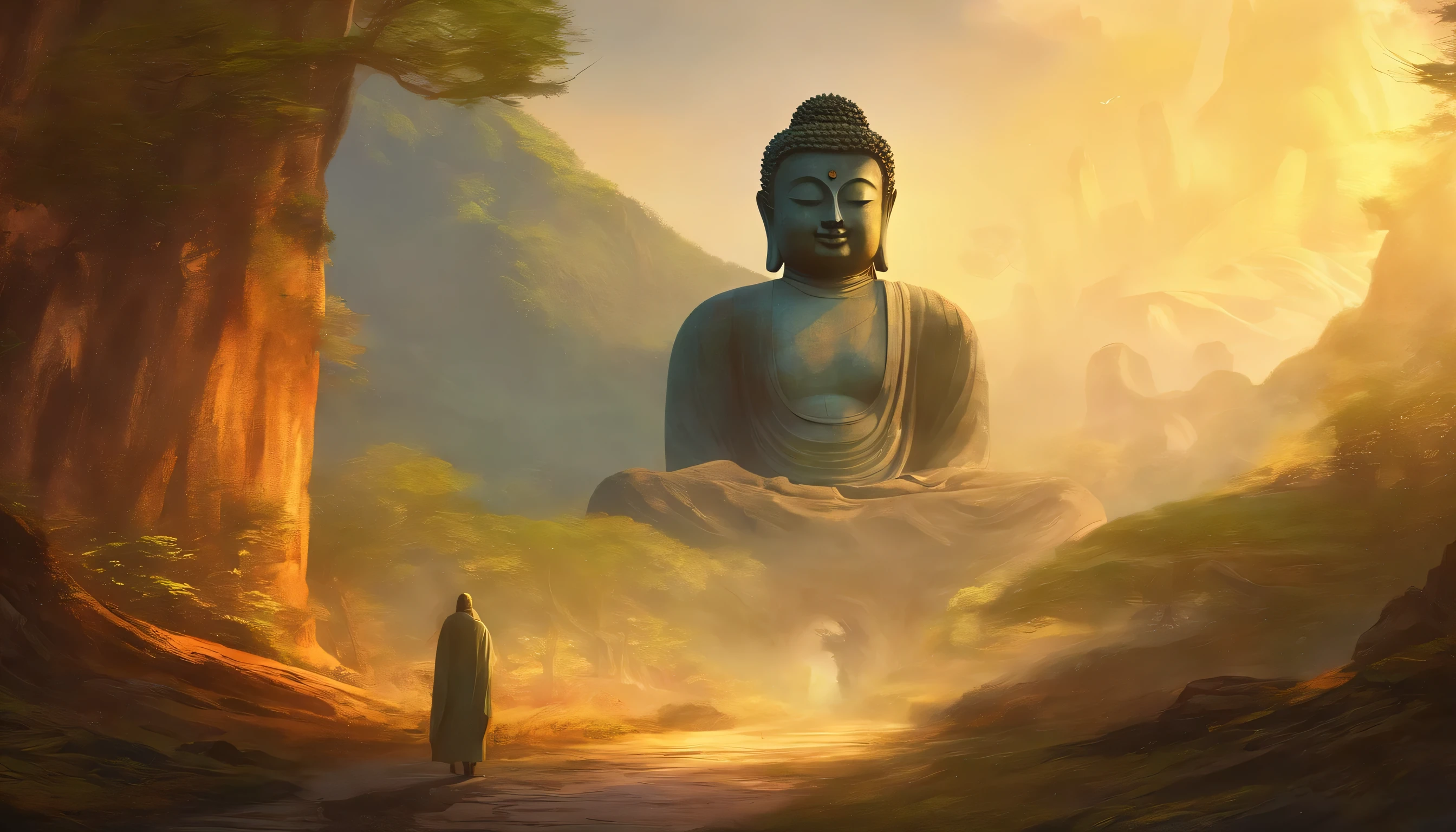Giant Buddha statue in the distance, stone, Texture, Tall, Majestic, The background is illuminated by sunlight,inverted image,Lateral face,Pilgrims on the road
