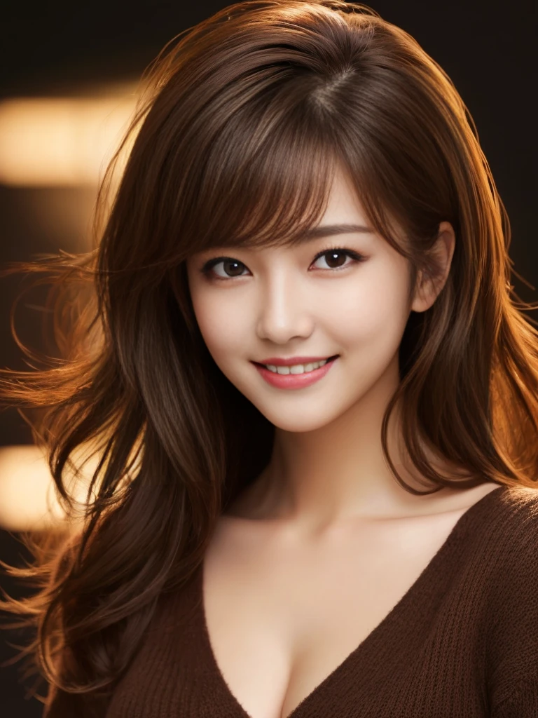 masterpiece, Highest quality, Super detailed, 複雑に詳細なSuper detailed, Realistic, Sharp features, Very detailed, Sharp focus, Perfect Face, Perfect Face, Perfect symmetrical perfect eyes, Perfect Plump Lips, Flexible female form, Cinematic, Film Light, Super detailed, hyper Realistic, High resolution, Vibrant, Dynamic Studio Lighting, ((Dark Background)), (A modest smile), (Captivating smile), Light brown hair, Asymmetrical Hair, Asymmetrical bangs, Messy Hair, Exposed cleavage, Brown eyes, Black sweater, Cowboy Shot,