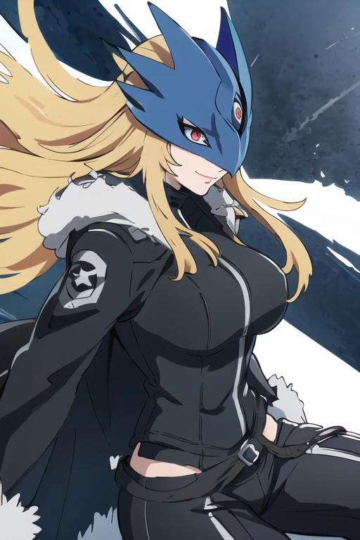 ((masterpiece,best quality)), absurdres, Beelstarmon_Digimon, 1girl, smile, solo,  blonde hair, large breasts, red eyes, sidelocks, third eye, mask,  (fur coat:1.5), cowboy shot, gloves, leather pants 