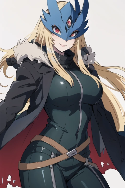 ((masterpiece,best quality)), absurdres, Beelstarmon_Digimon, 1girl, smile, solo,  blonde hair, large breasts, red eyes, sidelocks, third eye, mask,  (fur coat:1.5), cowboy shot, gloves, leather pants 