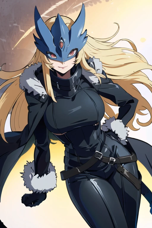 ((masterpiece,best quality)), absurdres, Beelstarmon_Digimon, 1girl, smile, solo,  blonde hair, large breasts, red eyes, sidelocks, third eye, mask,  (fur coat:1.5), cowboy shot, gloves, leather pants 