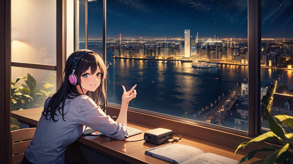 Listening to music through headphones、Smiling woman、Beautiful sea from the window、Night view