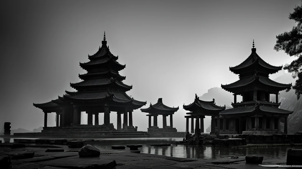 dark,Mist,The glowing ancient temple,Broken Ancient Temple,Floating boulders,man,Oriental traditional costumes,Misty,Low Angle of View,Clear focus,masterpiece,8K HD,Ultra Detail,Black and White,4k,dark的水,Creepy and ominous atmosphere
